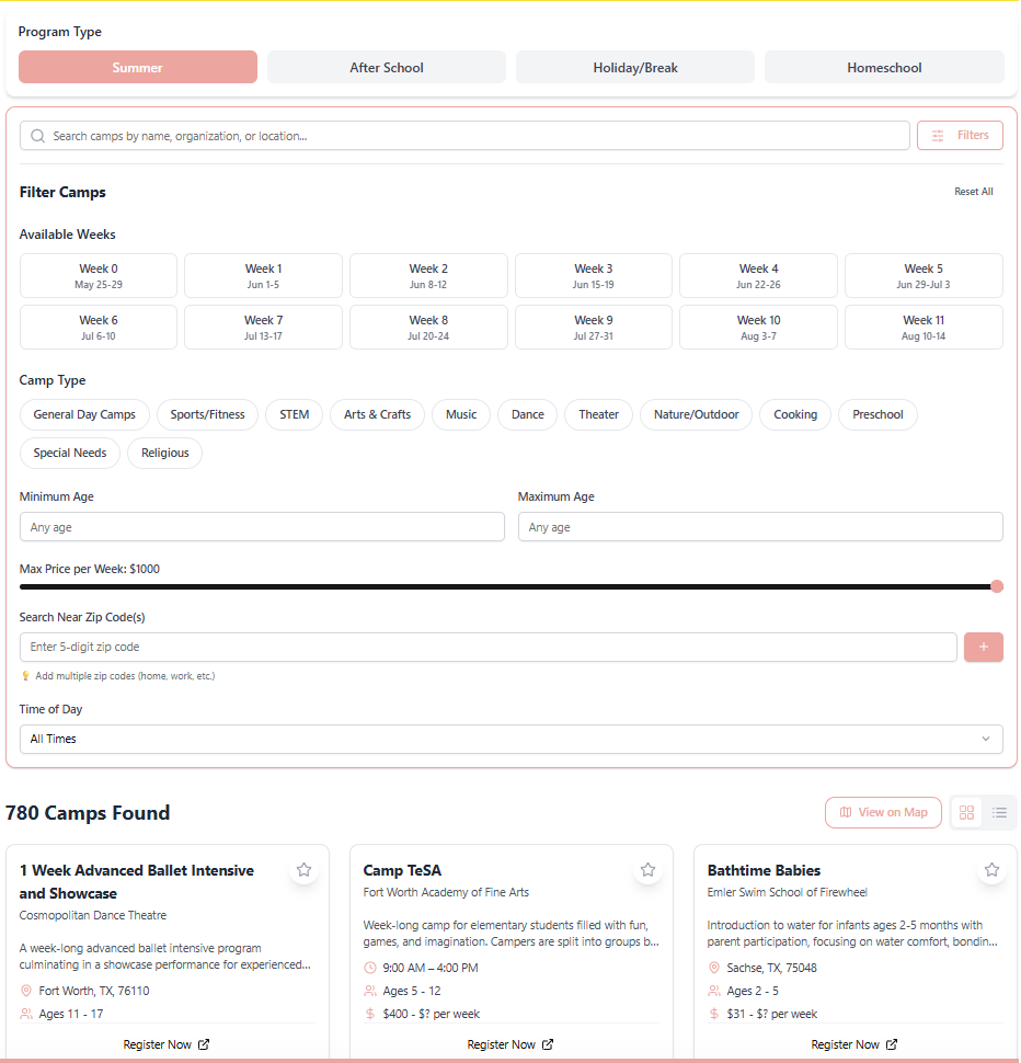 Camp Concierge search — filter by week, camp type, age, price, and zip code